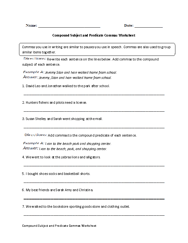 Compound Subject and Predicate Commas Worksheet Grades 9-12