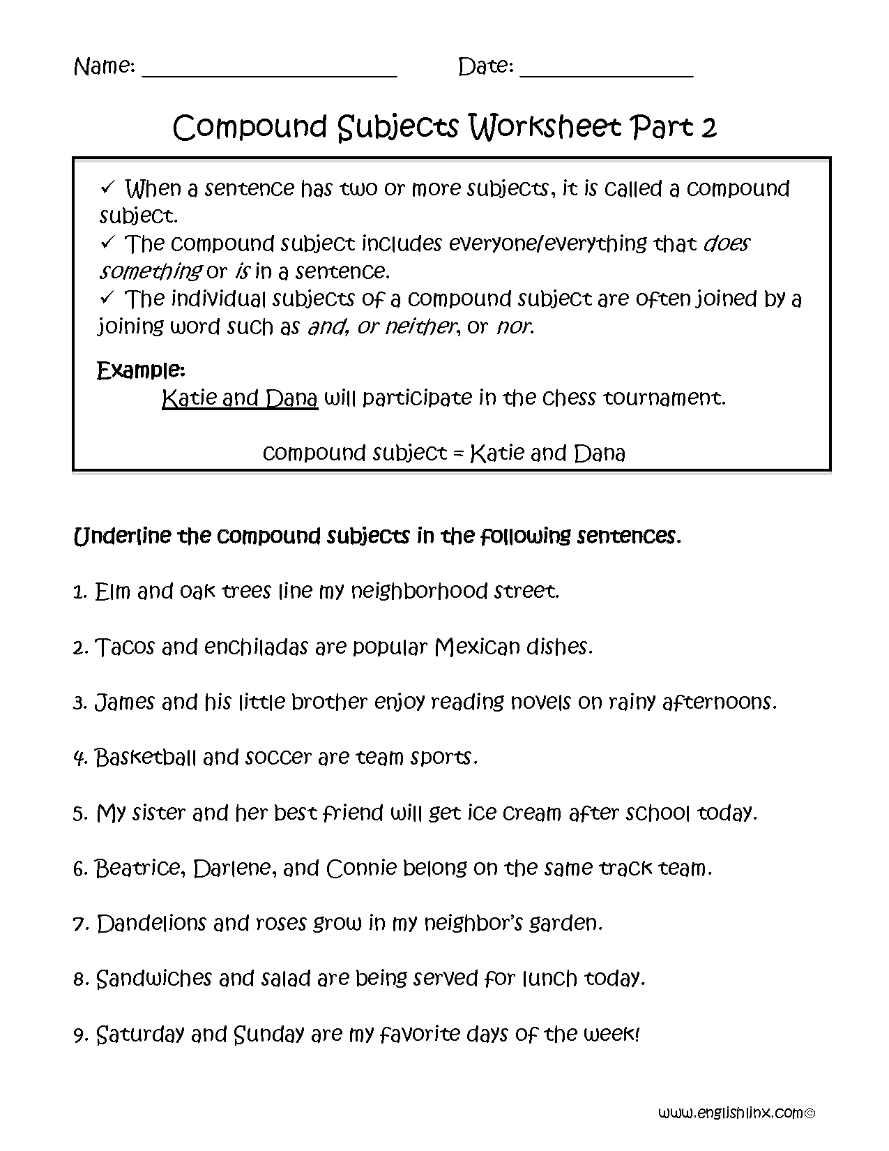 Compound Subject Worksheet Part 2