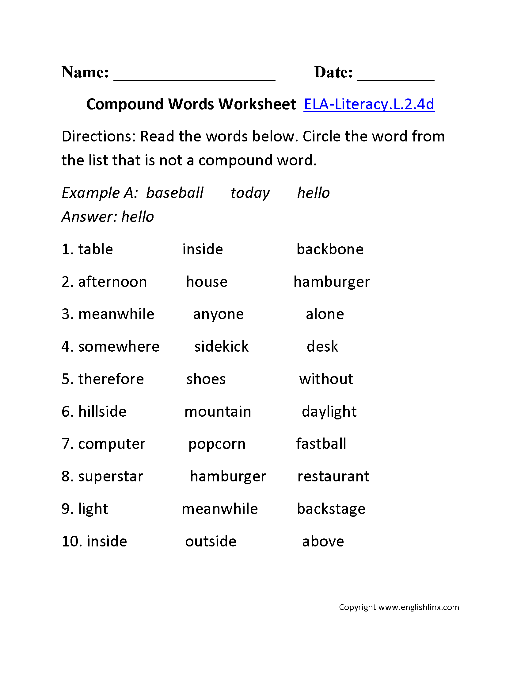 Compound Words 1 ELA-Literacy.L.2.4d Language Worksheet