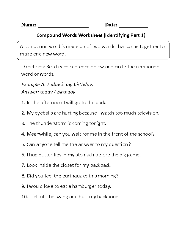 Finding Compound Words Worksheet