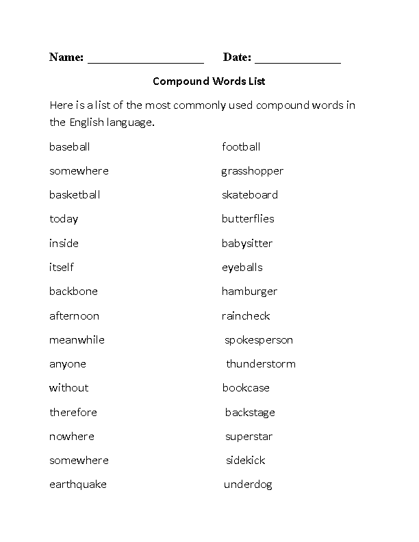 List Of Compound Words For 3rd Grade