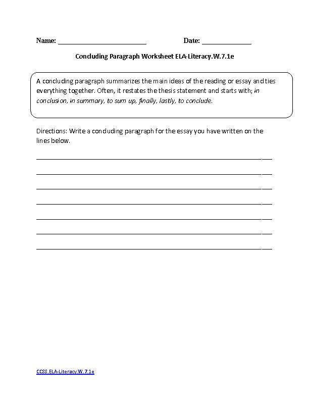 Concluding Statement ELA-Literacy.W.7.1e Writing Worksheet