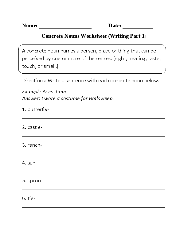 Concrete Nouns Worksheets Grade 4