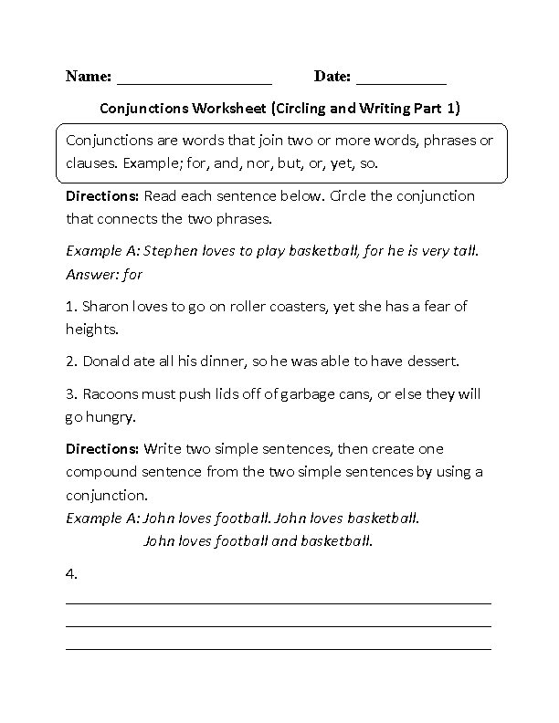 Conjunctions Circling and Writing Worksheet