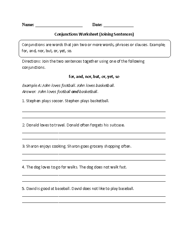 Conjunctions Worksheet Joining Sentences