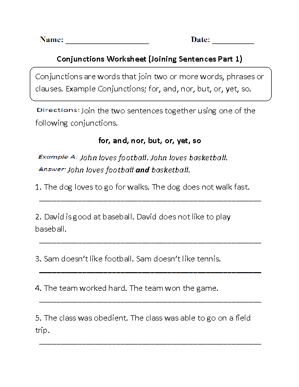 Conjunctions Worksheet Joining Sentences Part 1