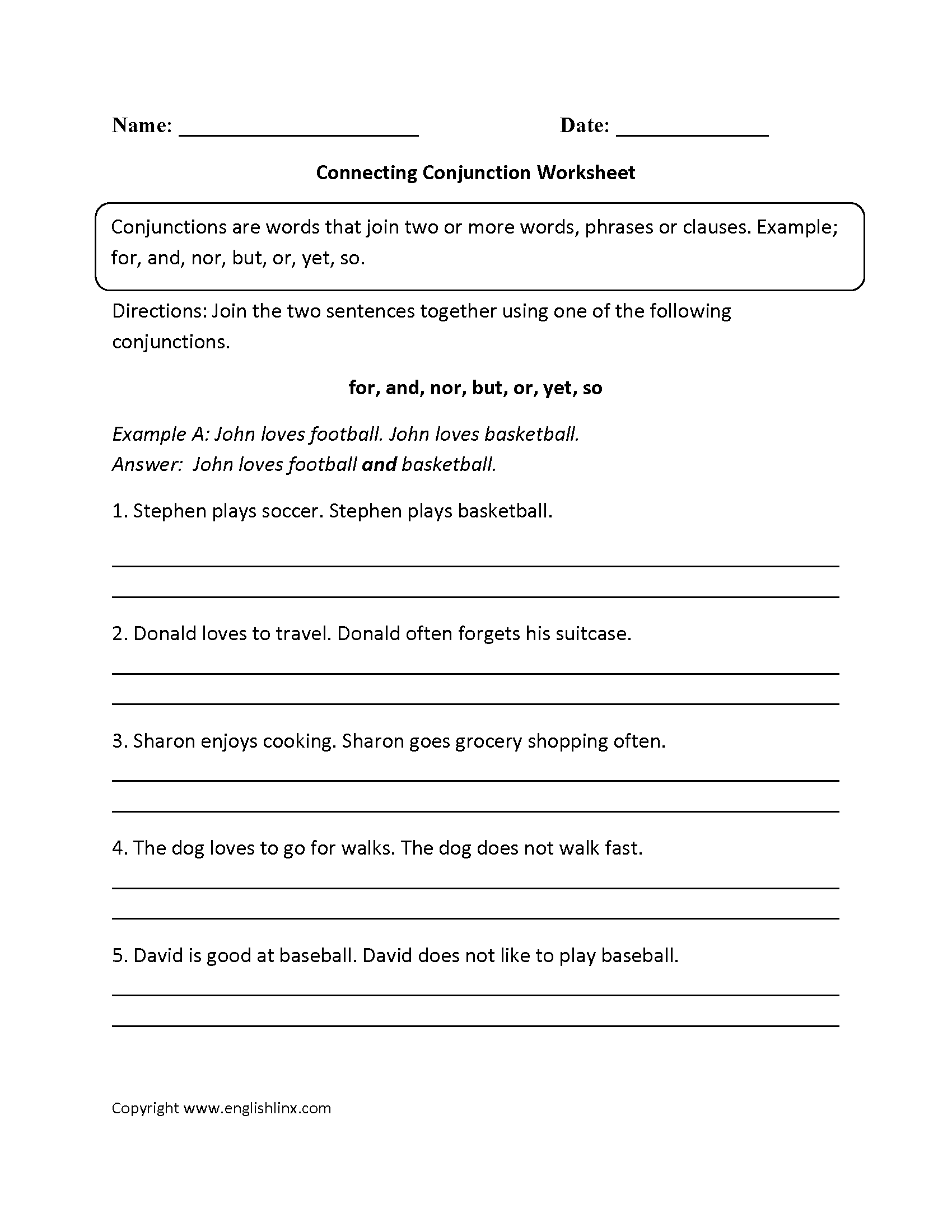 Connecting Conjunction Worksheets