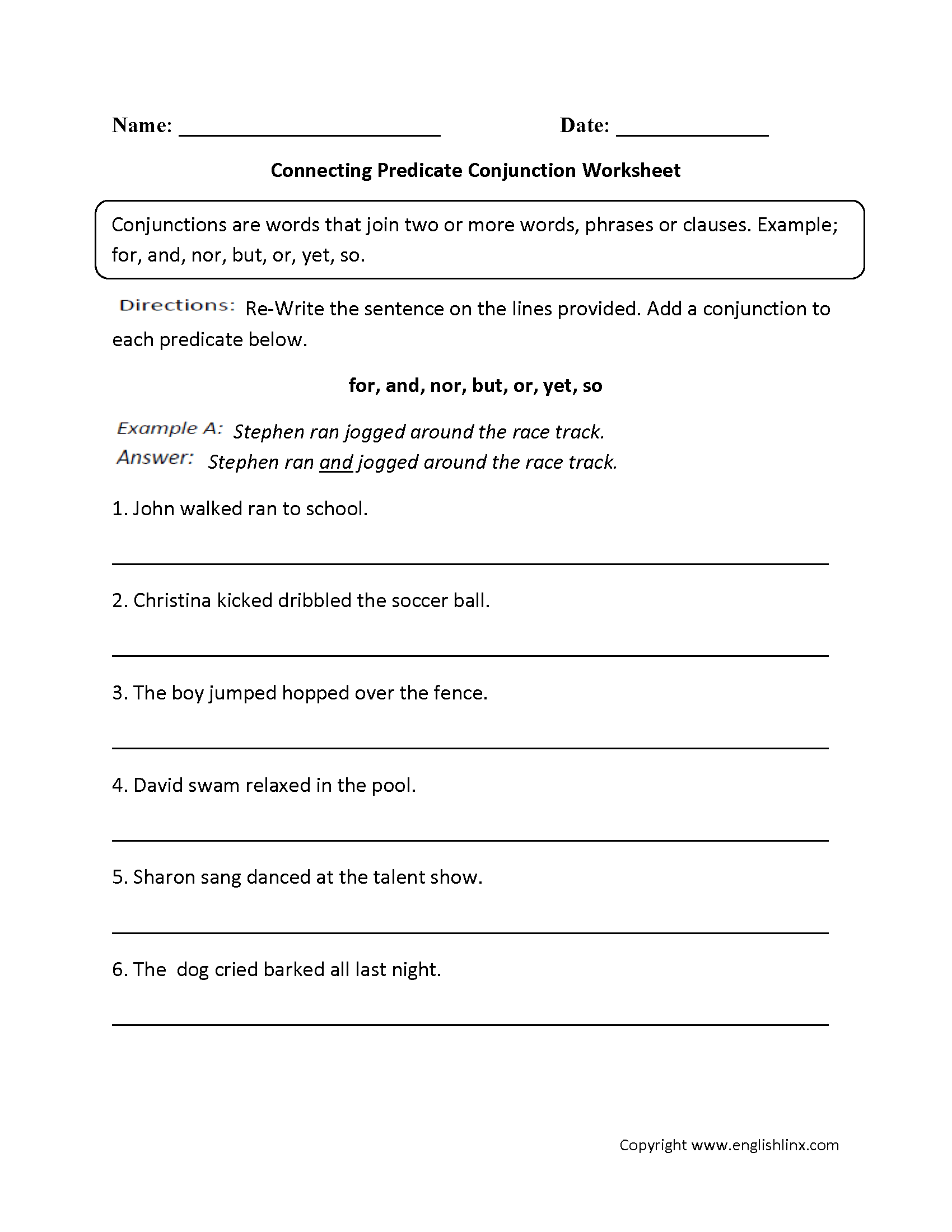 Connecting Predicate Conjunction Worksheets