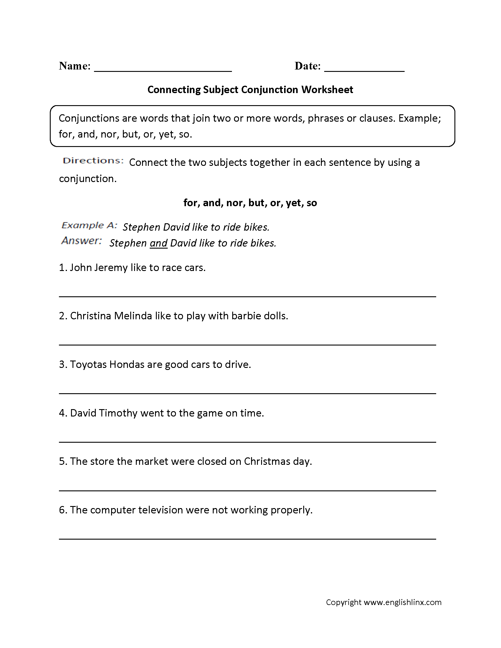 Connecting Subject Conjunction Worksheets