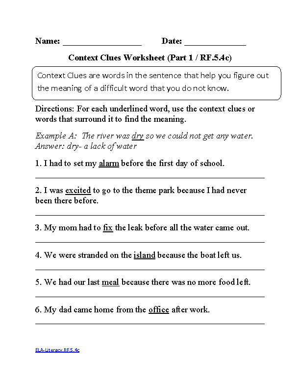 Context Clues 1 ELA-Literacy.RF.5.4c Reading Foundational Skills Worksheet