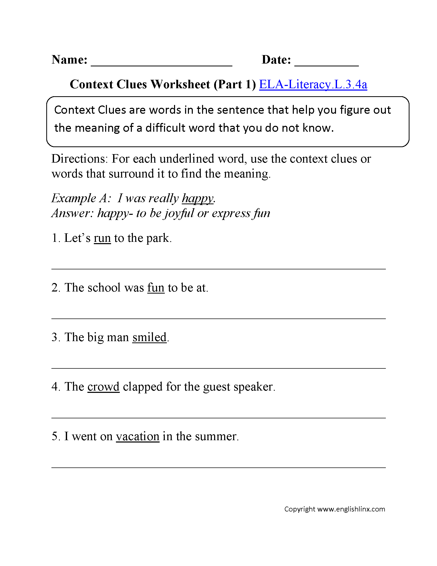 Context Clues Worksheet 1 ELA-Literacy.L.3.4a Language Worksheet