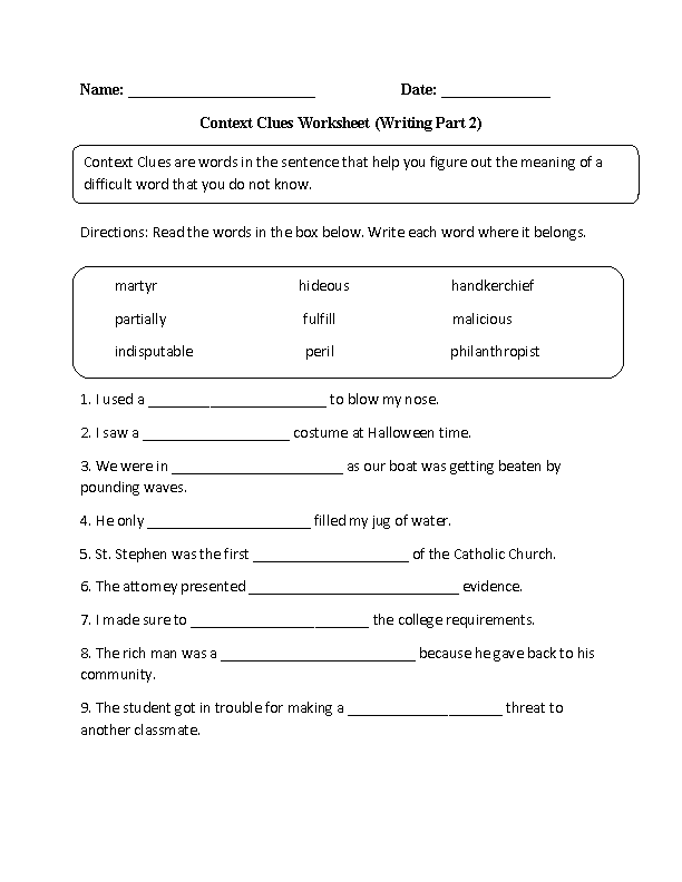 Context Clues Worksheets Writing Part 2 Advanced