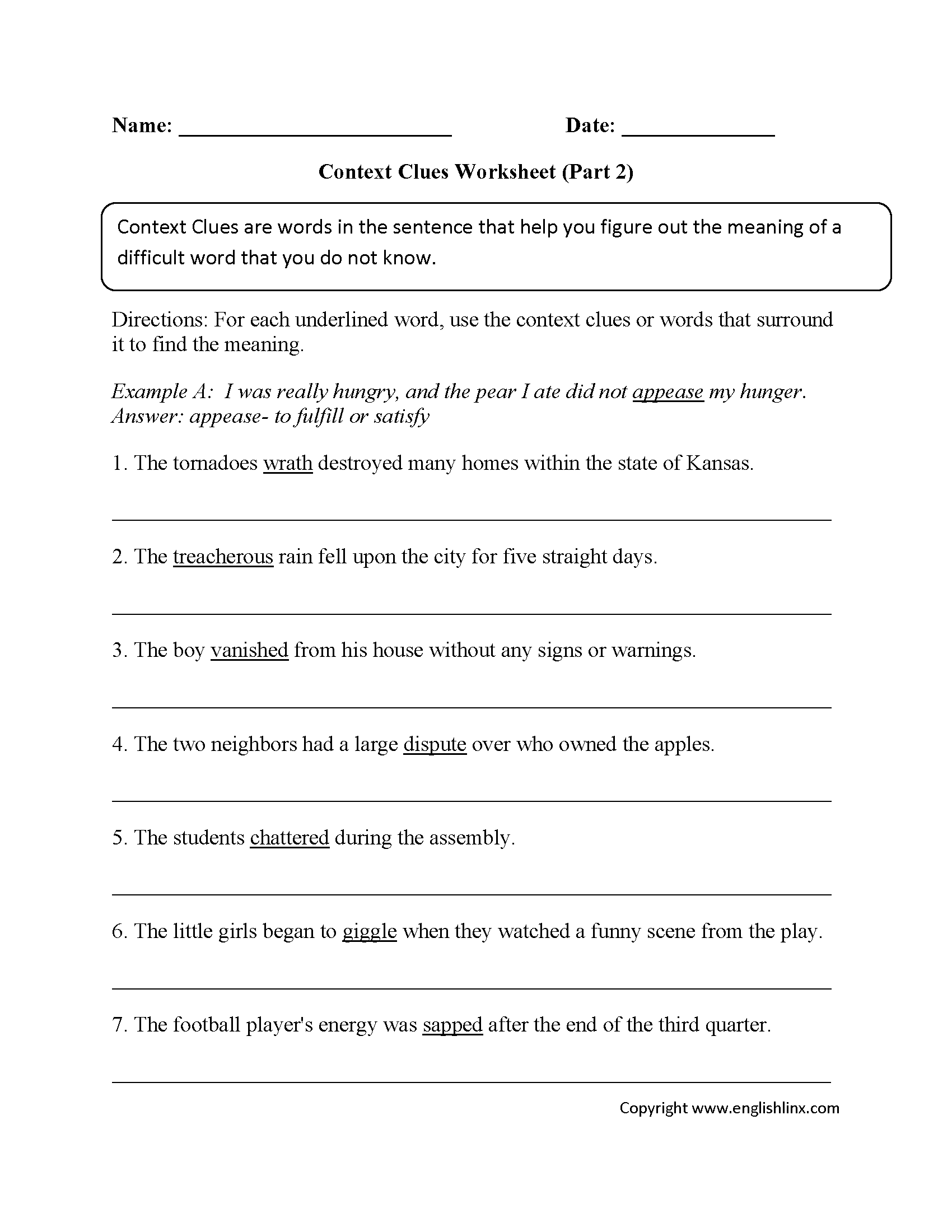 Context Clues Worksheet Writing Part 2 Intermediate