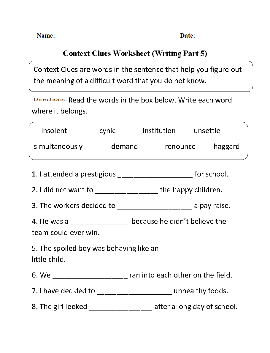 Vocabulary Words In Context Worksheets