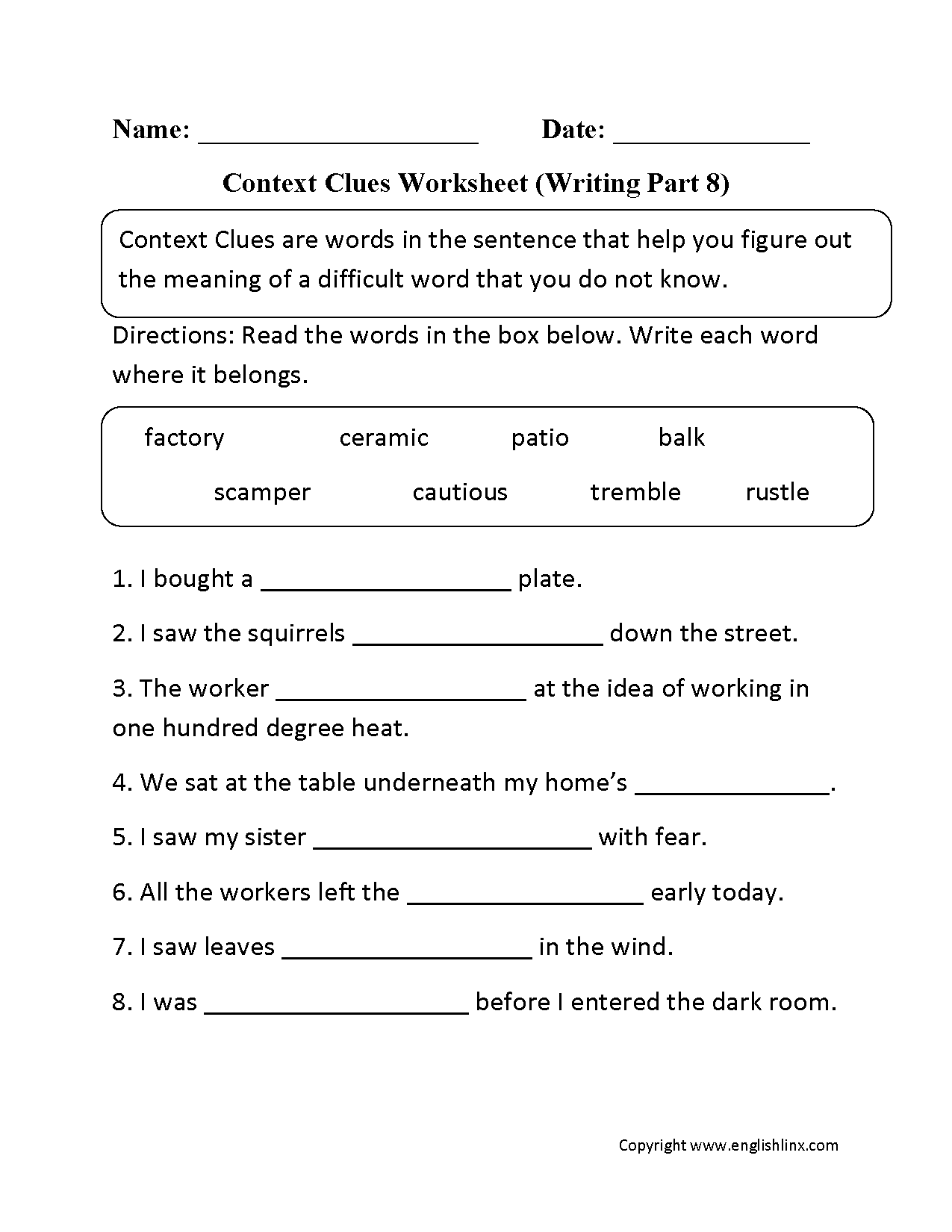 Context Clues Worksheet Writing Part 8 Intermediate