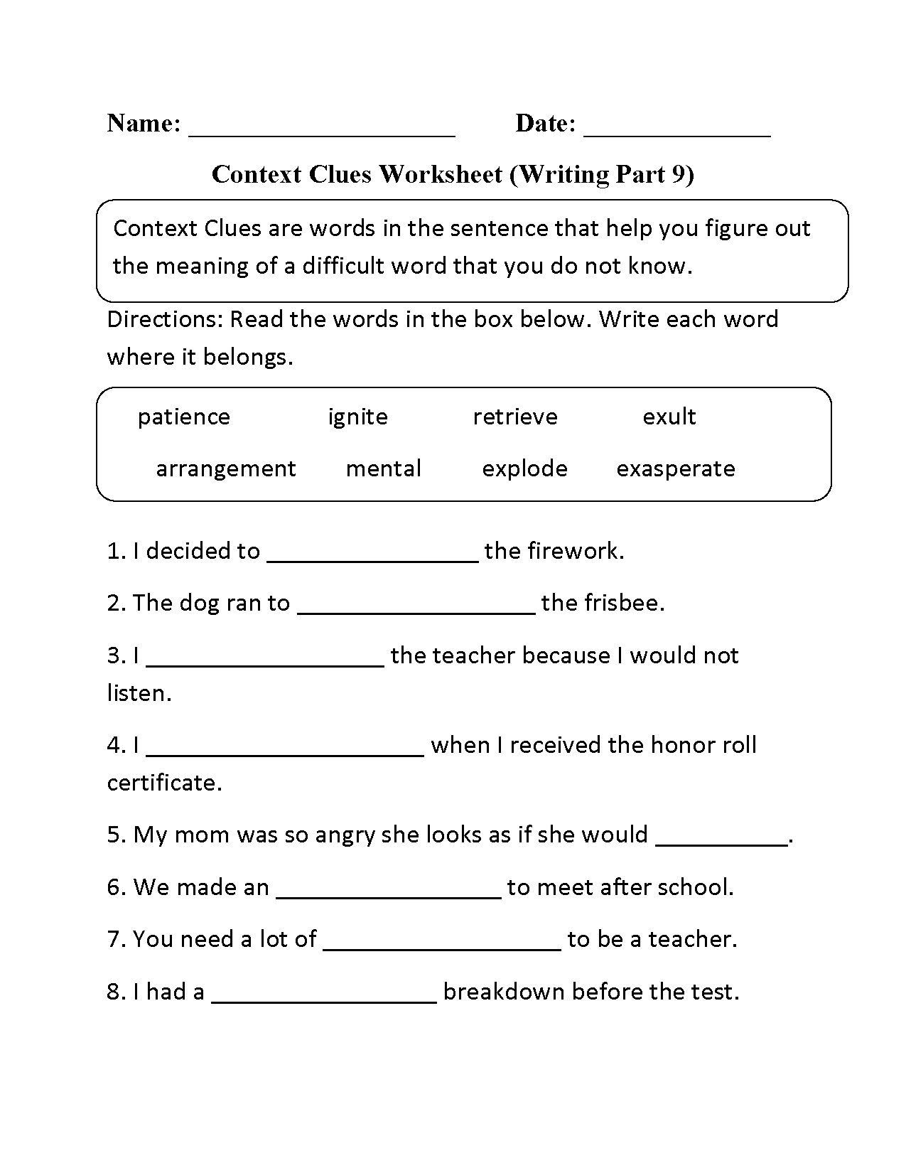 Context Clues Worksheet Writing Part 9 Intermediate