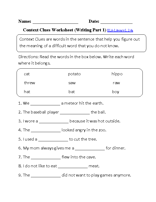 Context Clues Worksheet 1 ELA-Literacy.L.2.4a Language Worksheet
