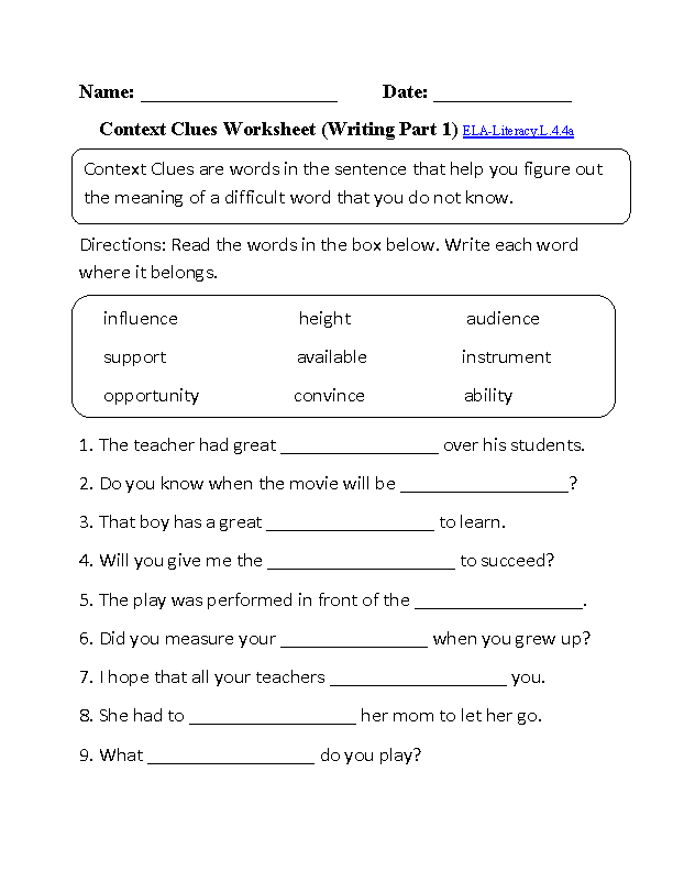 Context Clues Worksheet 1 ELA-Literacy.L.4.4a Language Worksheet