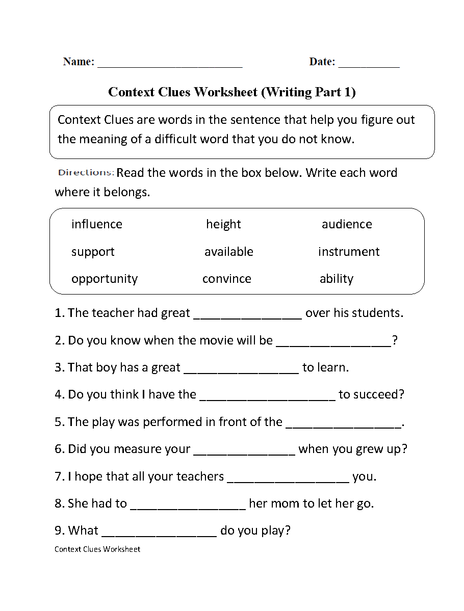 Context Clues Worksheet Writing Part 1 Intermediate