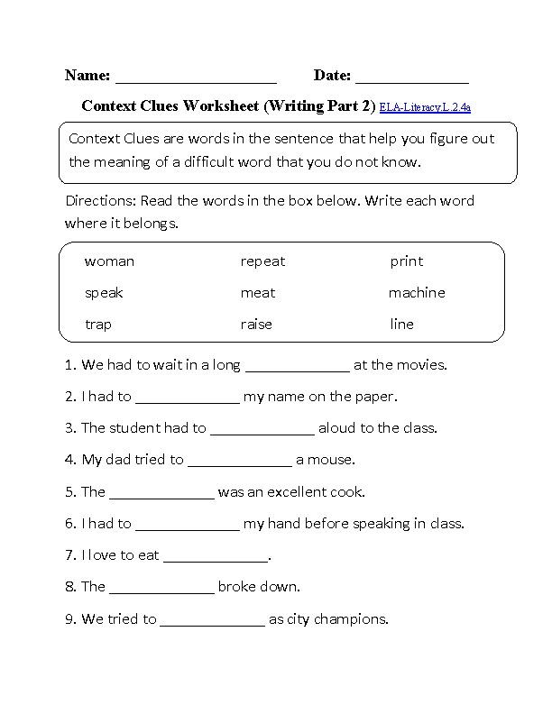 Context Clues Worksheet 2 ELA-Literacy.L.2.4a Language Worksheet