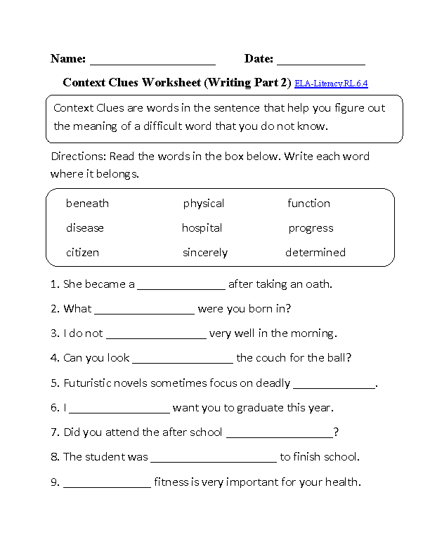 6th Grade Common Core Reading Literature Worksheets