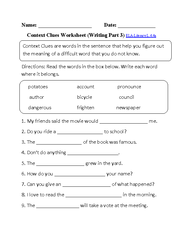 Context Clues Worksheet 3 ELA-Literacy.L.4.4a Language Worksheet