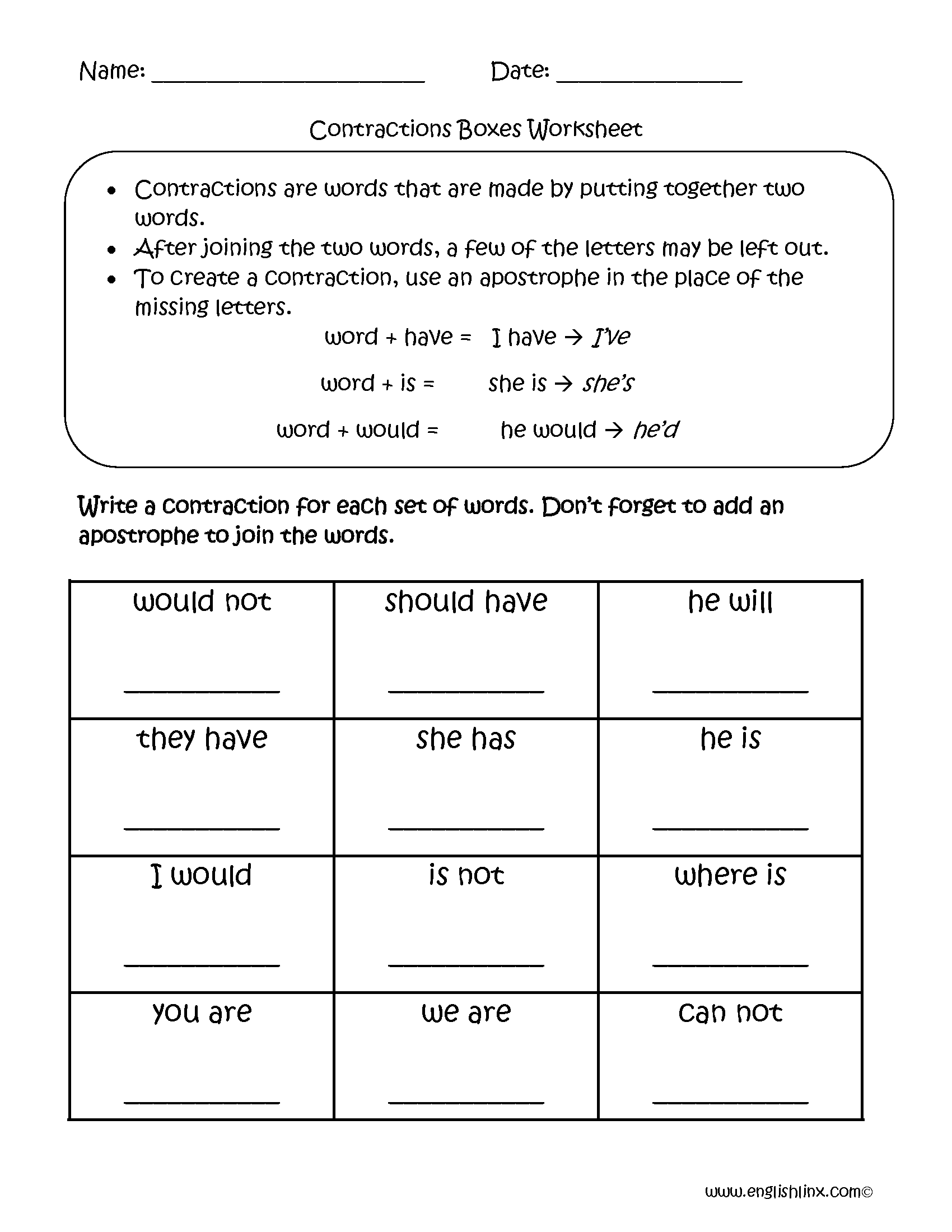 Contractions Boxes Worksheets