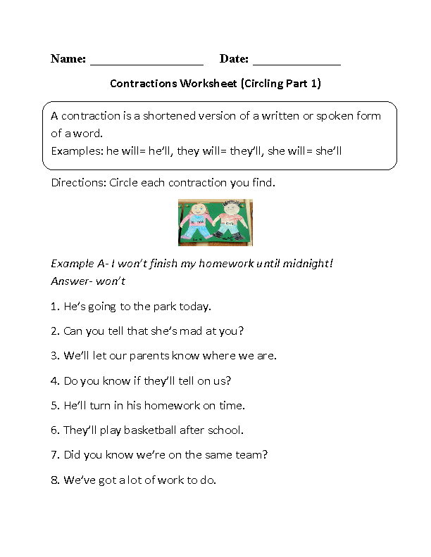 Circling Contractions Worksheet Part 1