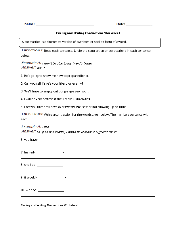 Finding and Writing Contractions Worksheet