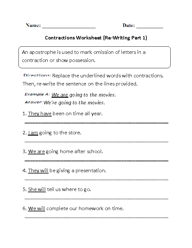 Re-Writing Contractions Worksheet Part 1