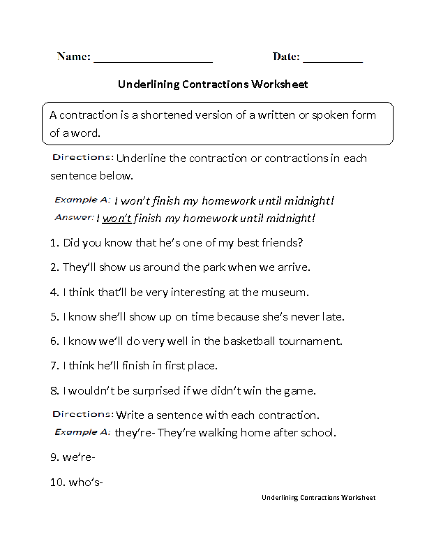 Underlining Contractions Worksheet