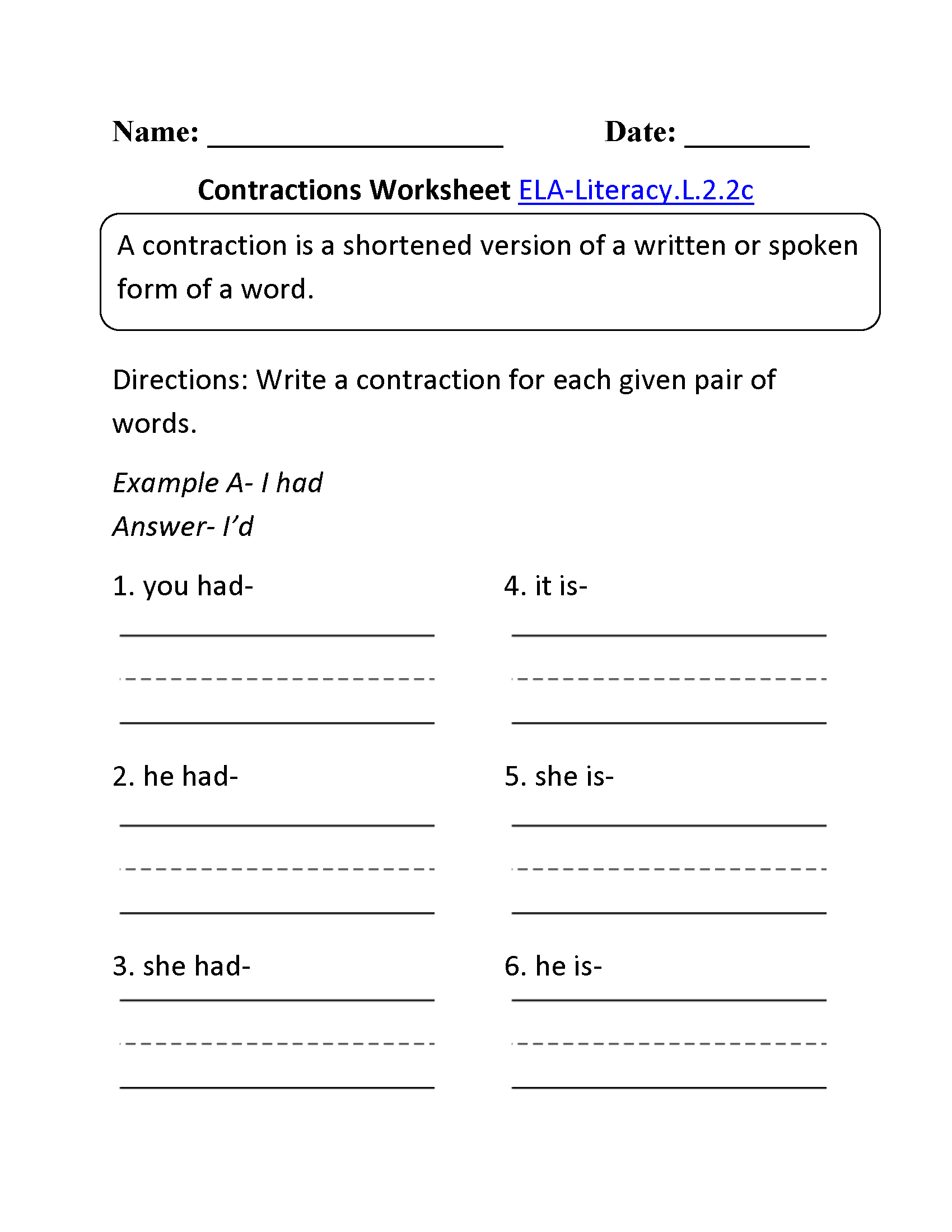 Contractions Worksheet 1 ELA-Literacy.L.2.2c Language Worksheet