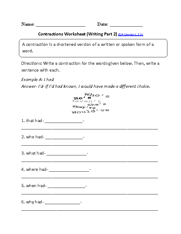 Contractions Worksheet 2 ELA-Literacy.L.2.2c Language Worksheet