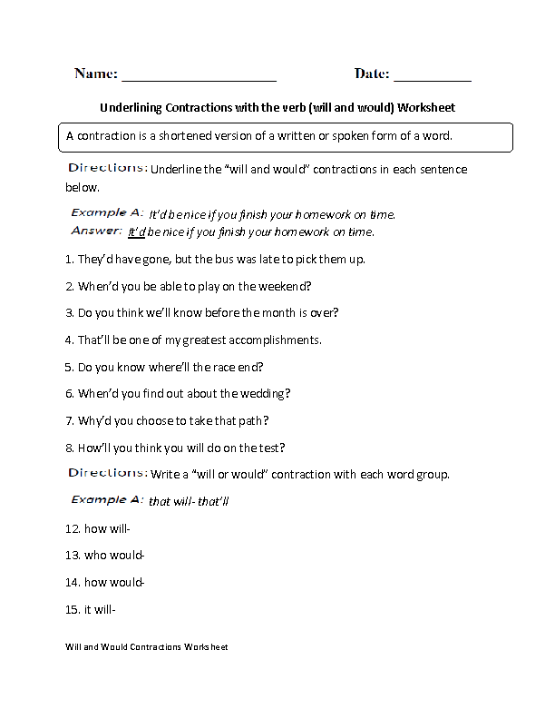 will and would Contractions Contractions Worksheet