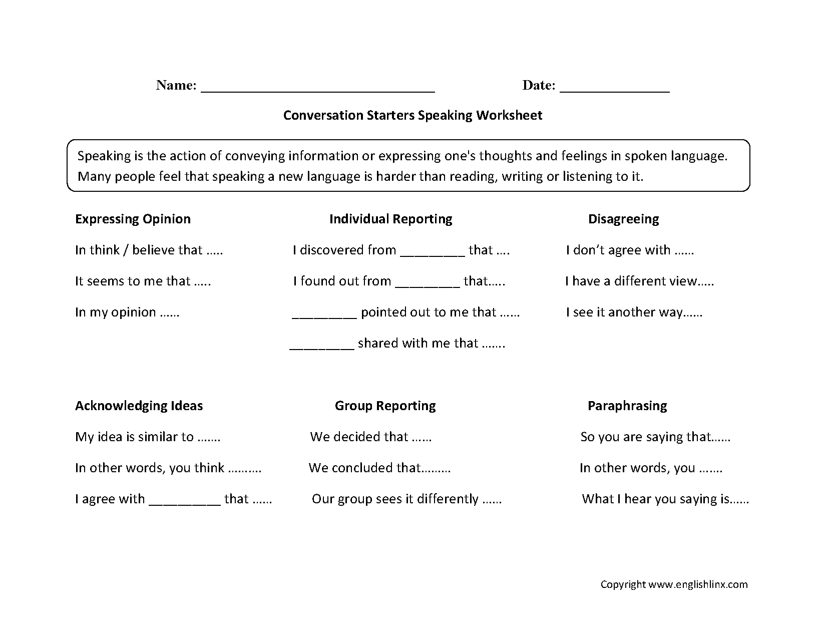 Conversation Speaking Worksheets