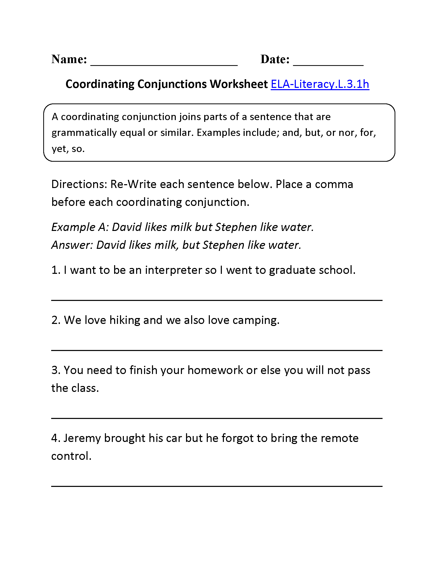 Coordinating Conjunctions Worksheet 2 ELA-Literacy.L.3.1h Language Worksheet