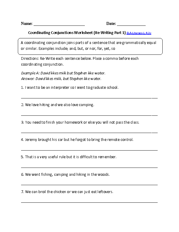 Coordinating Conjunction Worksheet ELA-Literacy.L.4.2c Language Worksheet