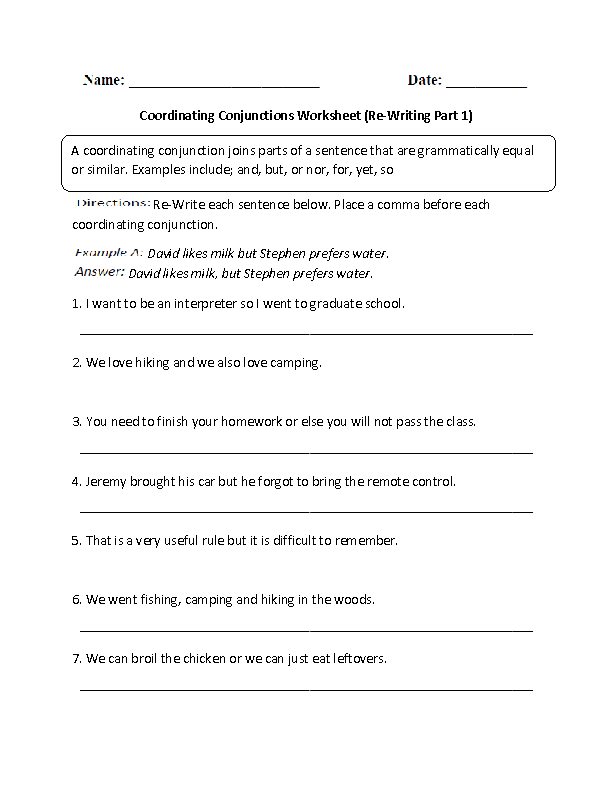 Coordinating Conjunctions Worksheet For Grade 4