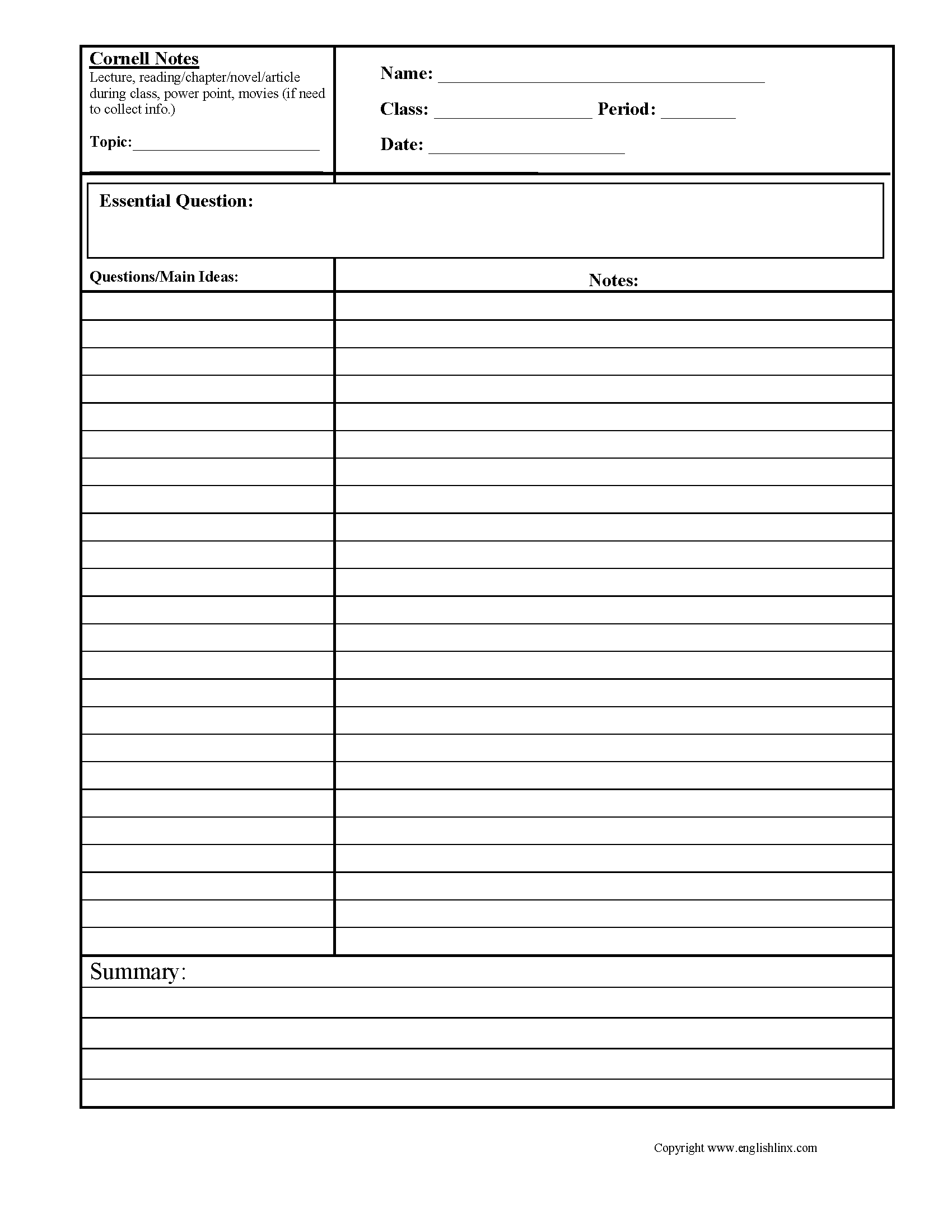 Cornell Notes Graphic Organizers Worksheet
