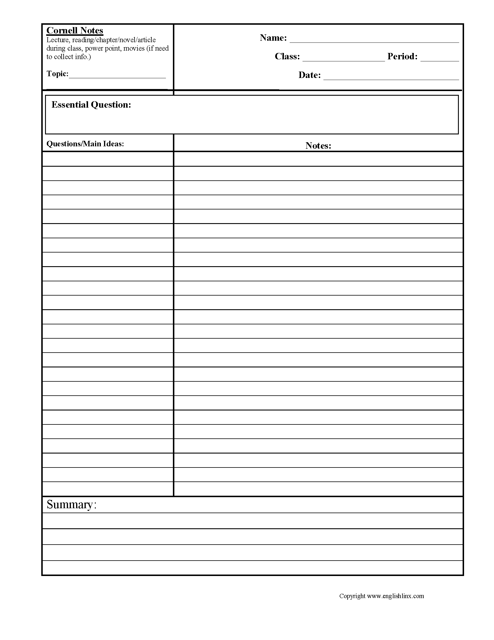 Cornell Notes Lined Writing Paper