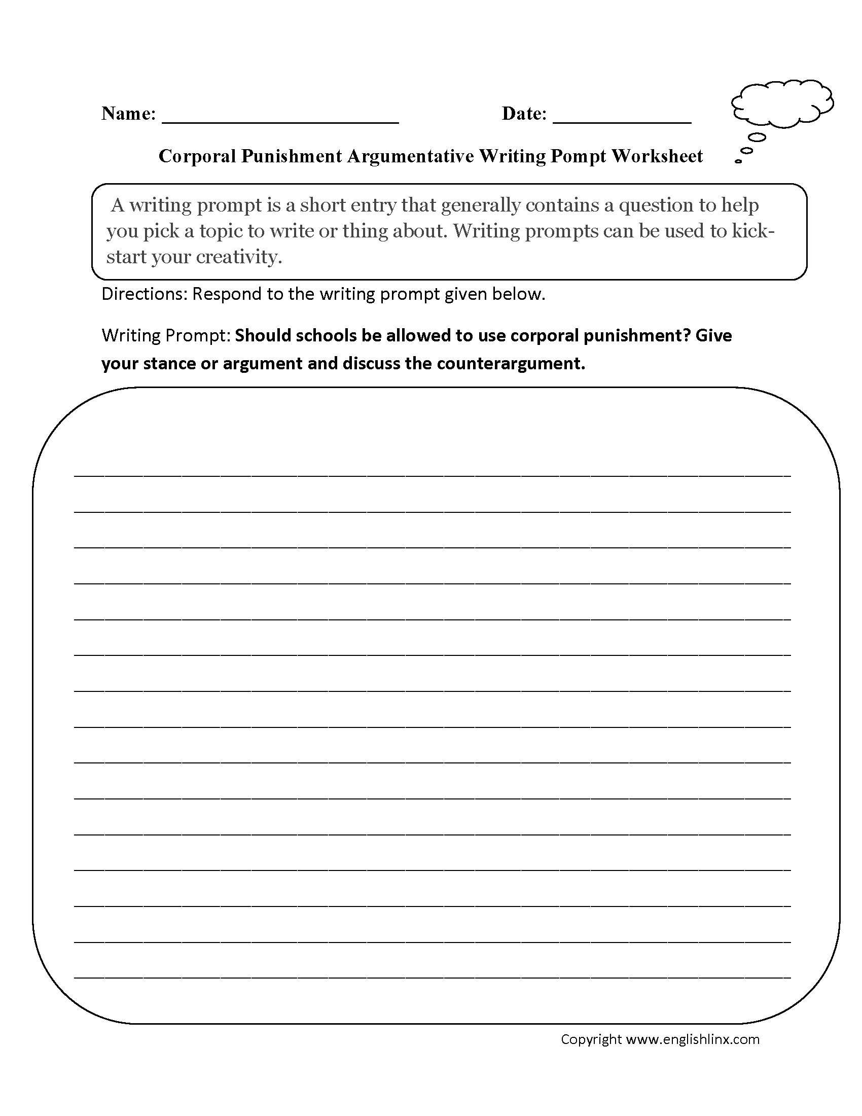 Corporal Punishment Argumentative Writing Prompts Worksheets