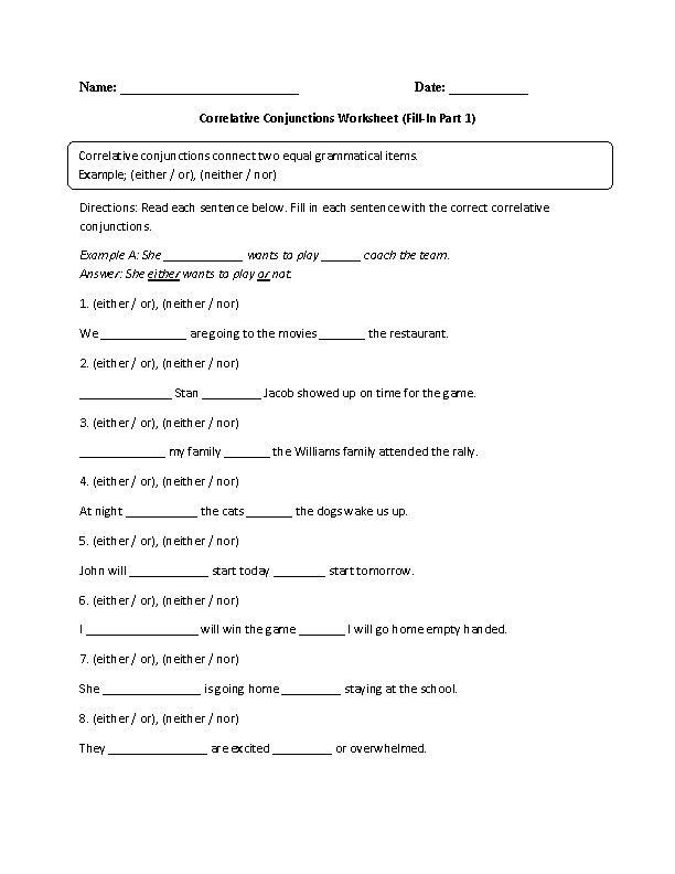 Correlative Conjunctions Fill-in Worksheet