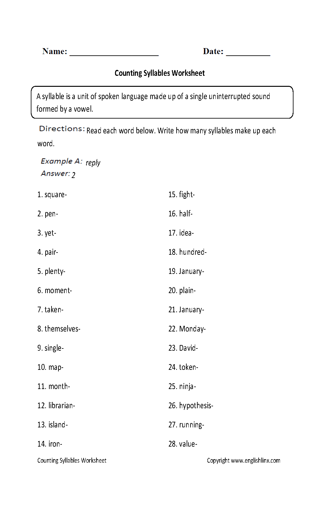 Counting the Syllables Worksheet