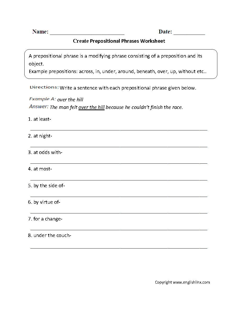 Prepositional Phrases Worksheets | Create Prepositional Phrases Worksheet