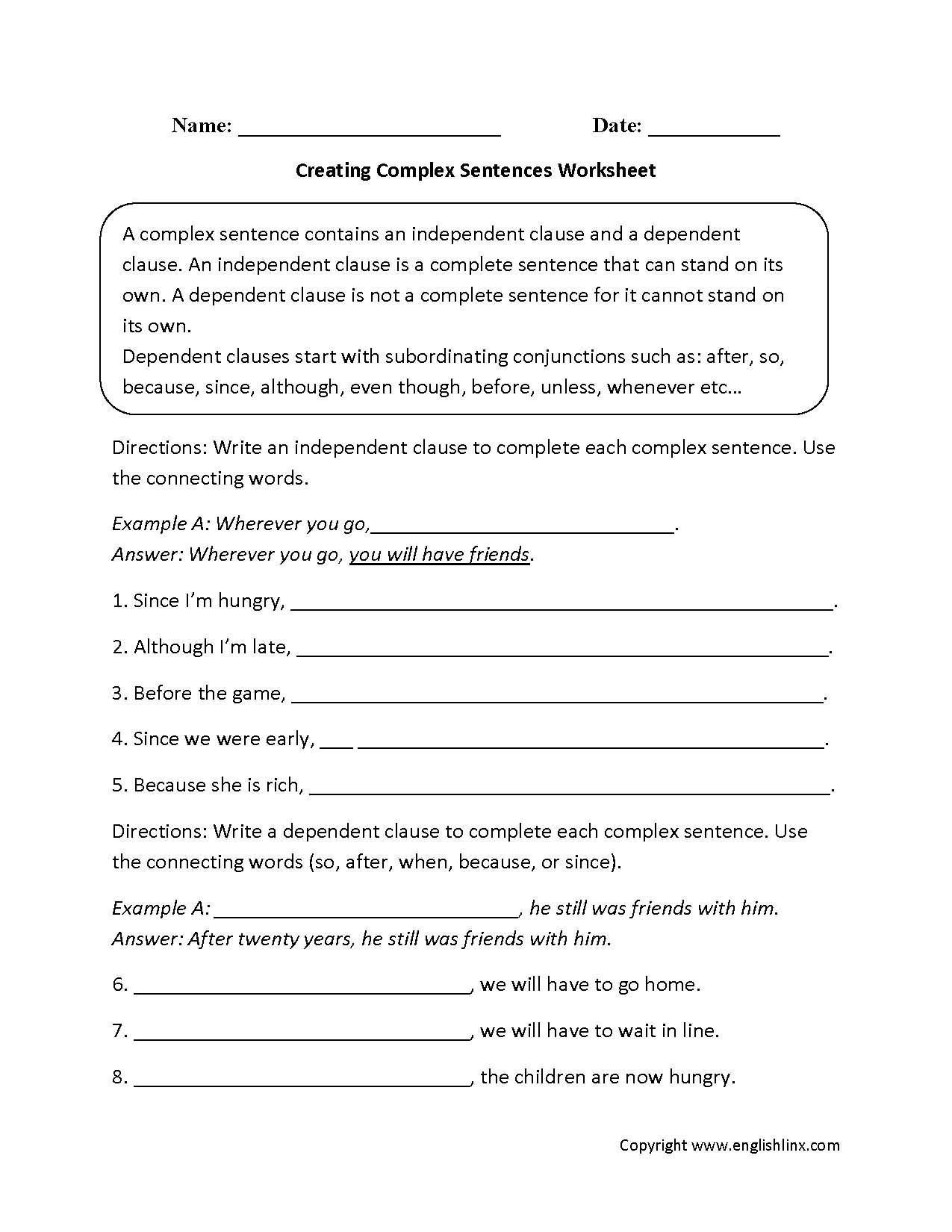 Compound Sentences Worksheet With Answers