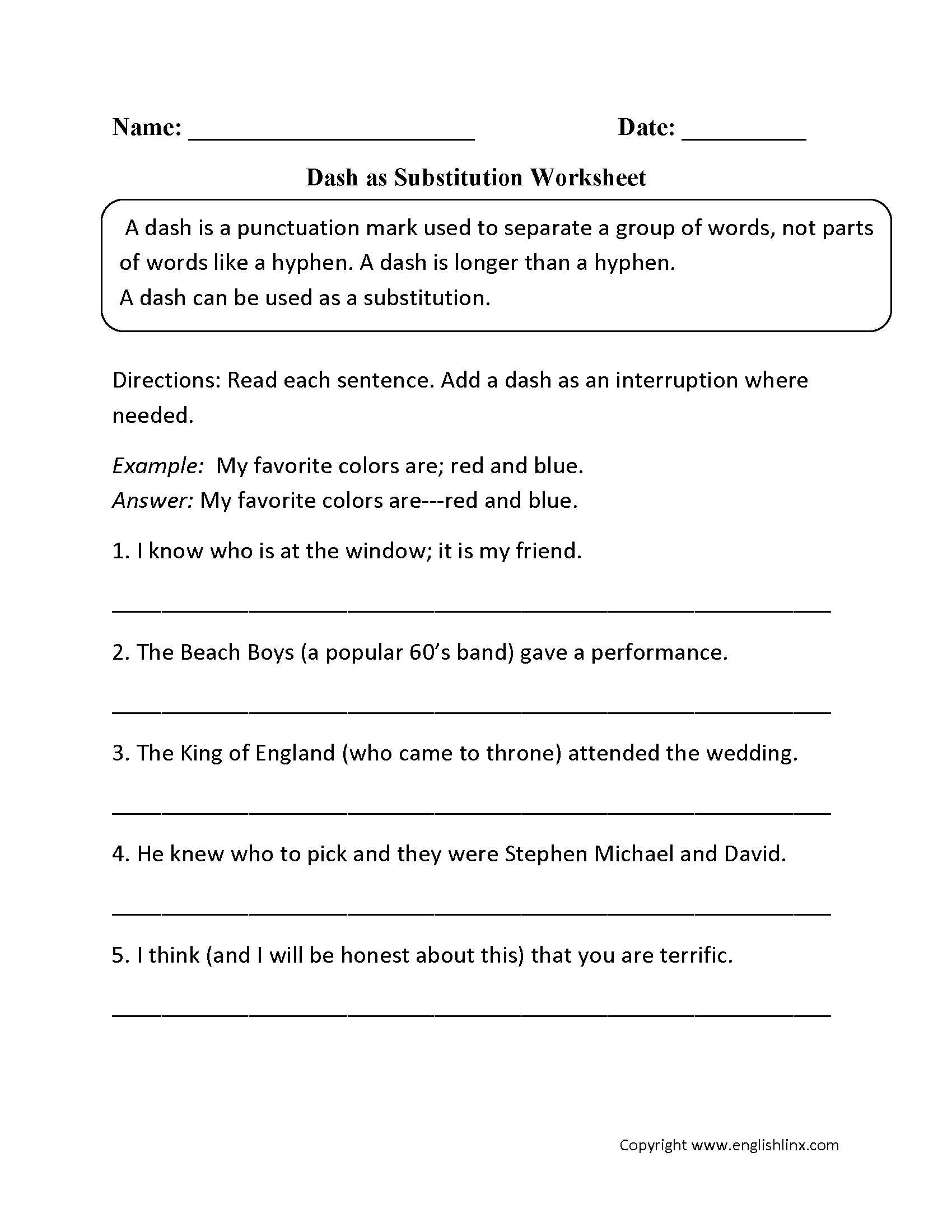 Grammar Worksheet On Hyphens And Dashes - Example Worksheet Solving