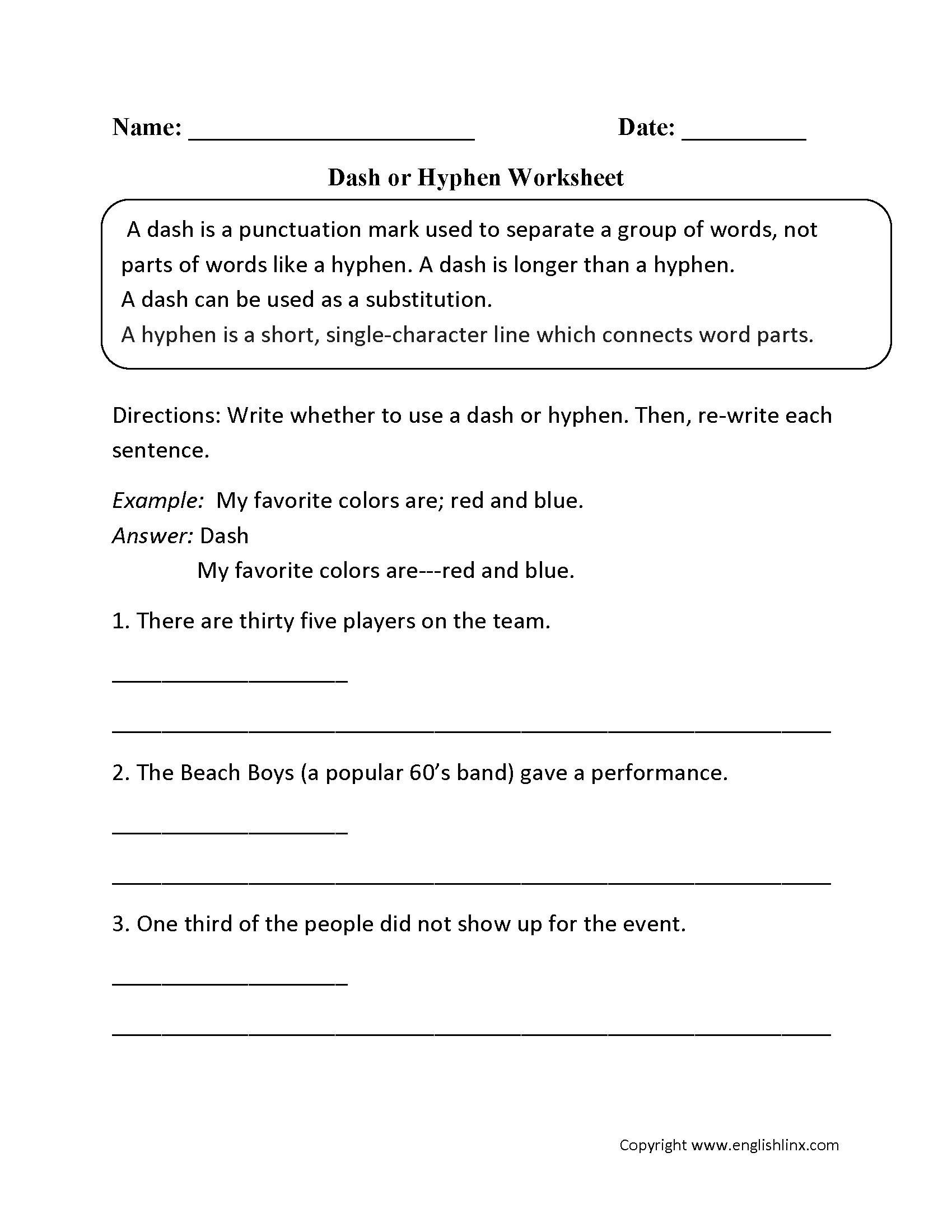 Hyphens And Dashes Worksheet