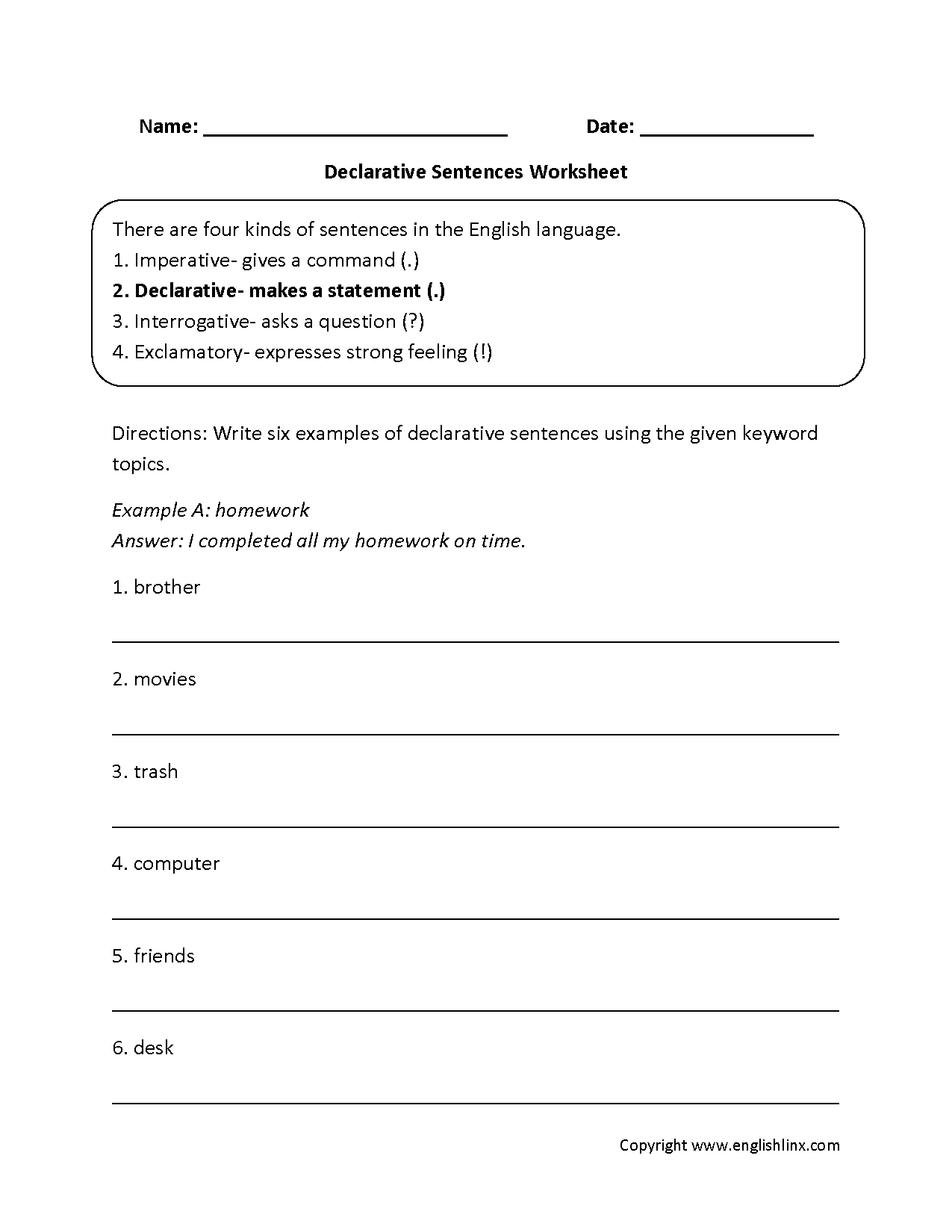 Declarative Types of Sentences Worksheets