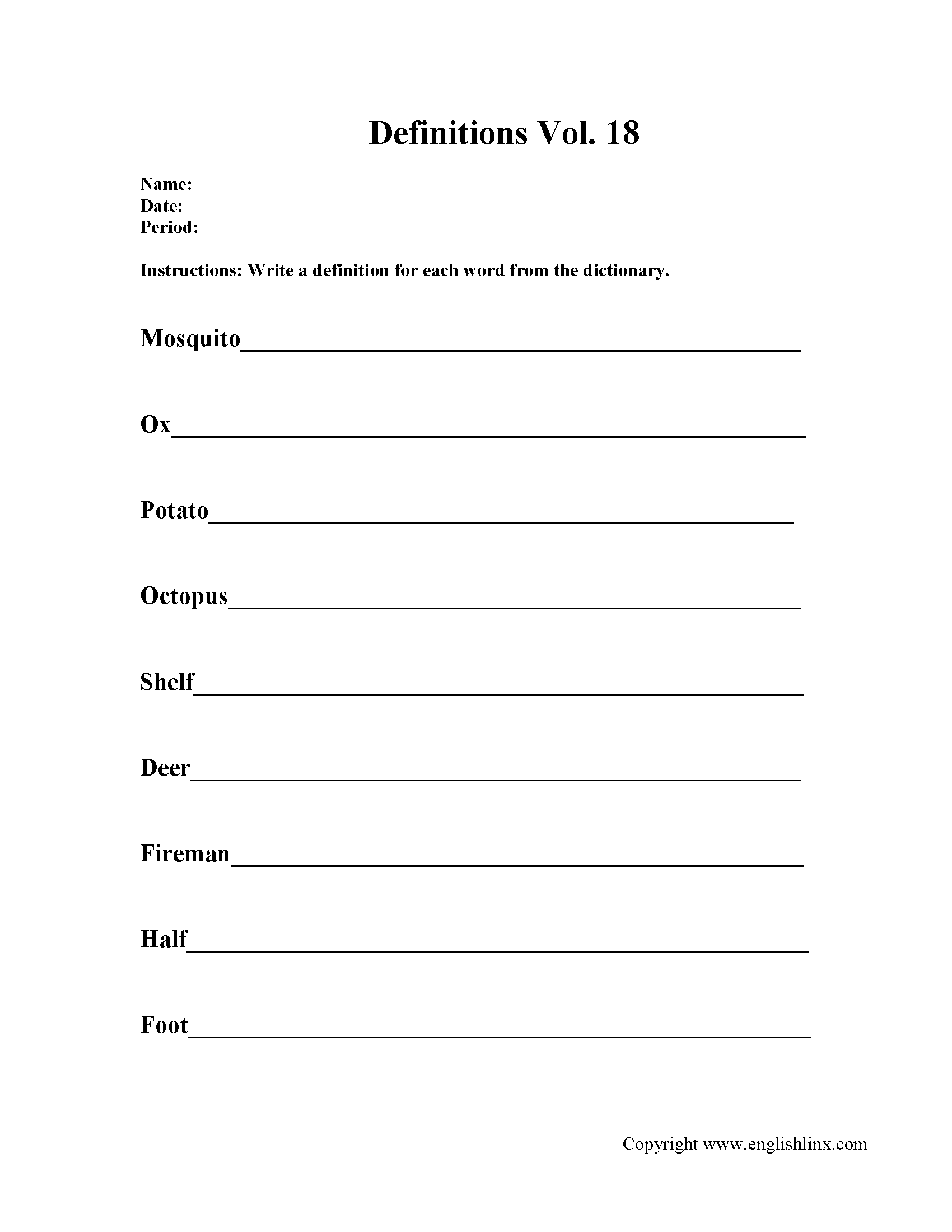 Writing Definition Worksheets Activity 18