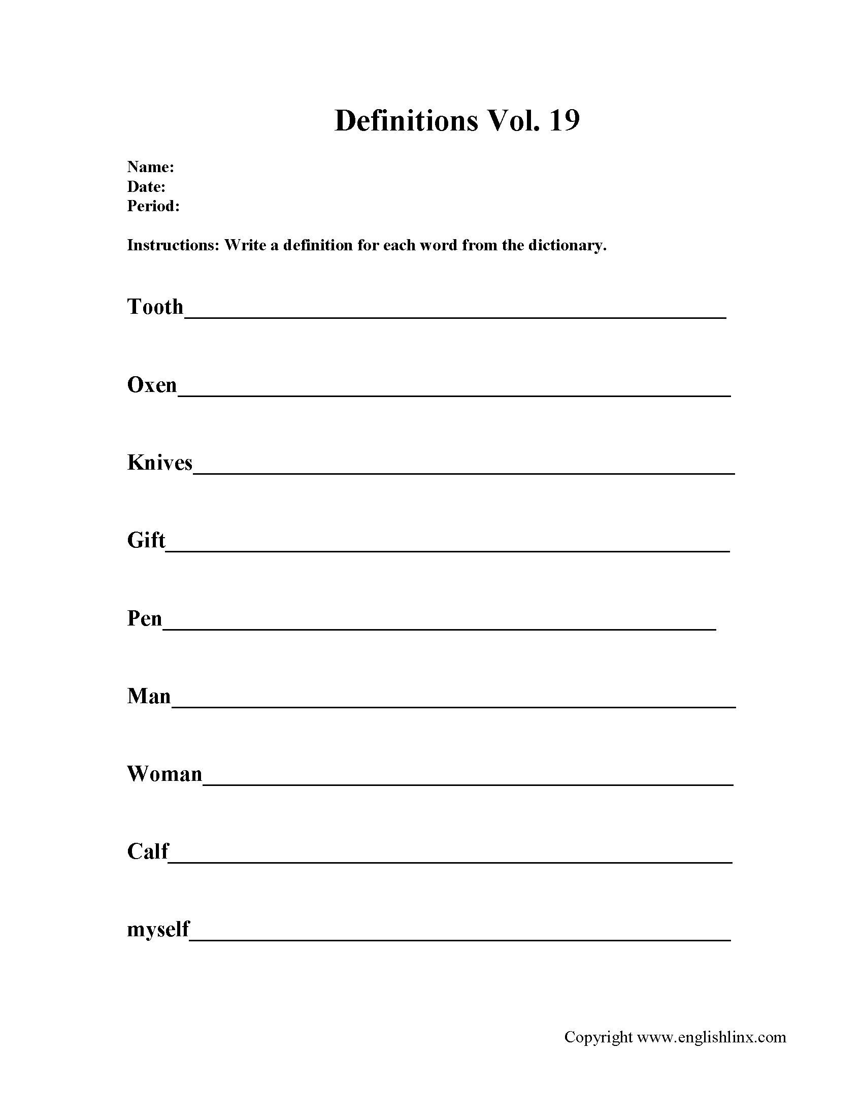 Writing Definition Worksheets Activity 19